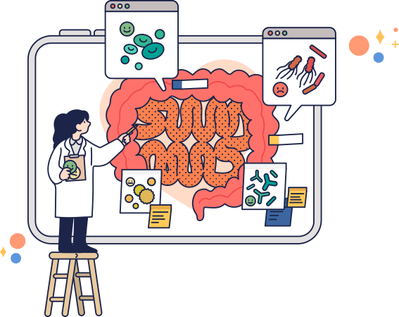 대장이 화이트보드에 그려져있고 바이러스를 공부하는 의사를 그린 일러스트